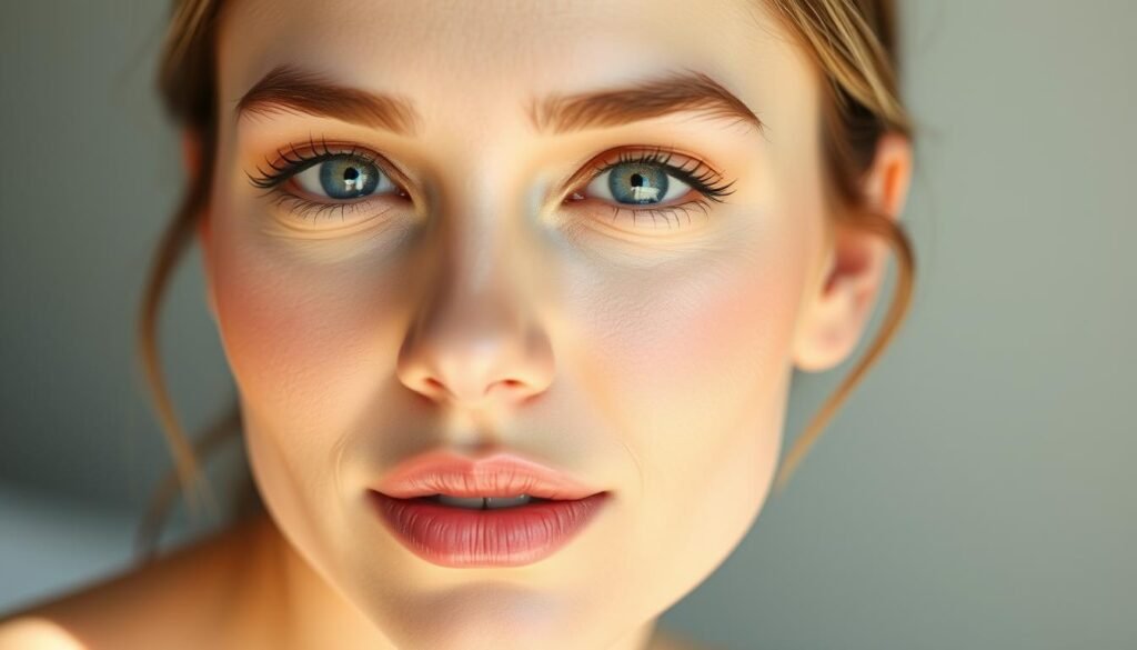 A close-up photo of a woman's face, showcasing a flawless, long-lasting foundation makeup. The lighting is soft and natural, accentuating the smooth, even texture of the skin. The foundation blends seamlessly, creating a luminous, radiant complexion. The model's features are highlighted, with subtle contouring and a natural, minimal eye and lip makeup. The background is blurred, keeping the focus on the central subject. The overall mood is elegant, sophisticated, and effortless, reflecting the high-quality, long-lasting nature of the foundation product.