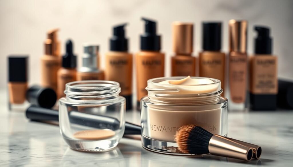 A luxurious assortment of high-end makeup foundations, expertly tailored for diverse skin types. In the foreground, a gleaming glass jar filled with a silky, luminous liquid foundation, alongside an elegant makeup brush. In the middle ground, a selection of foundation bottles in various shades, each with a distinct finish - matte, satin, and dewy - arranged artfully. The background features a soft, diffused lighting, creating a serene, high-end ambiance. The overall composition conveys a sense of indulgence, quality, and the ability to find the perfect foundation match for any skin tone or preference.